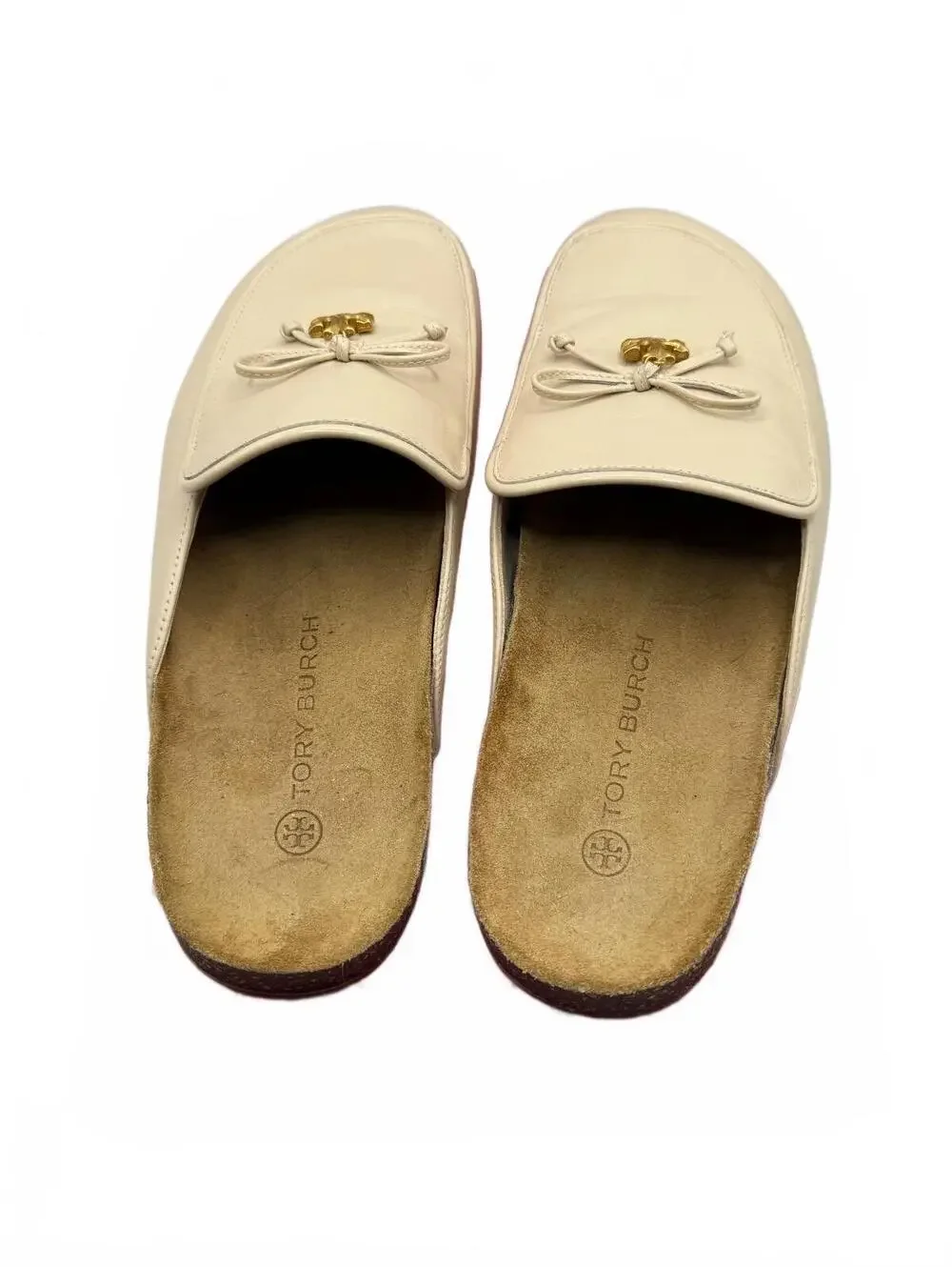 Tory Burch Ivory Leather Slip-On Mules with Gold Bow Accent